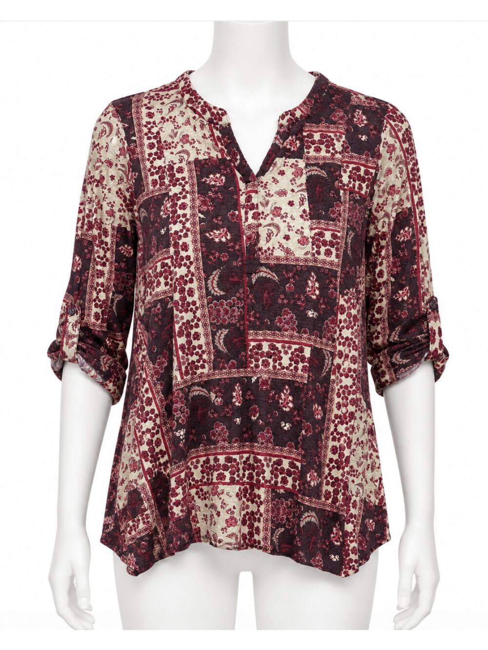 Tunic Top XL Burgundy Patchwork Style Boho Chic Cottage Hippie Festival Artsy